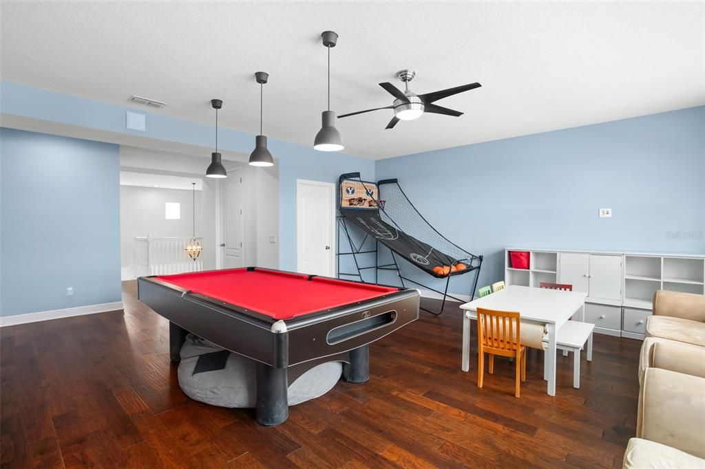 Billiard Table, Game Room, Interior, Pendant Lights, Wood Texture Flooring