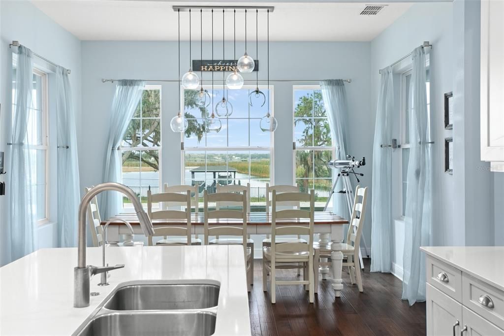 Dining room, Interior, Kitchen, Pendant Lights, Wood Texture Flooring