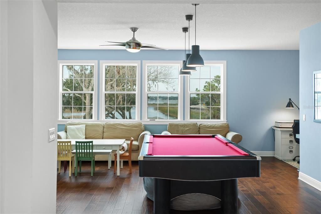 Billiard Table, Game Room, Interior, Pendant Lights, Wood Texture Flooring