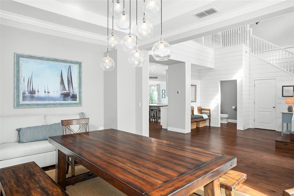 Dining room, Interior, Pendant Lights, Wood Texture Flooring