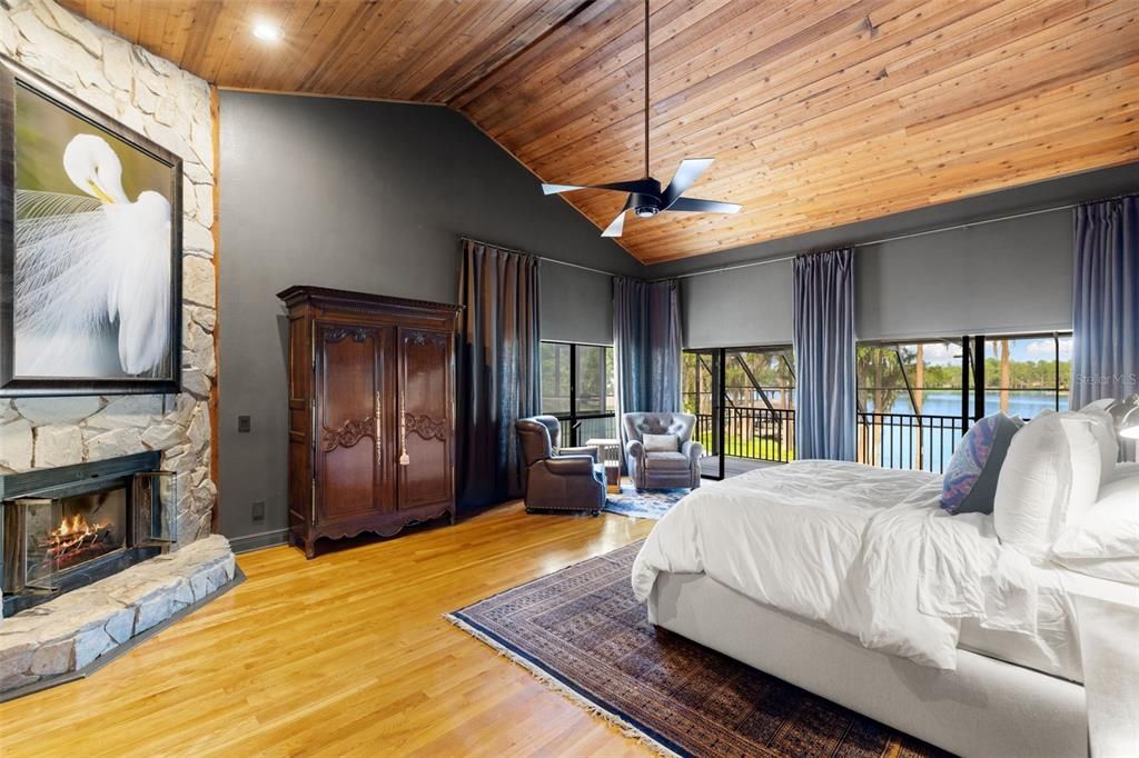 Bedroom, Fireplace, Interior, Recessed Lighting, Water, Wooden Ceilings, Wood Texture Flooring