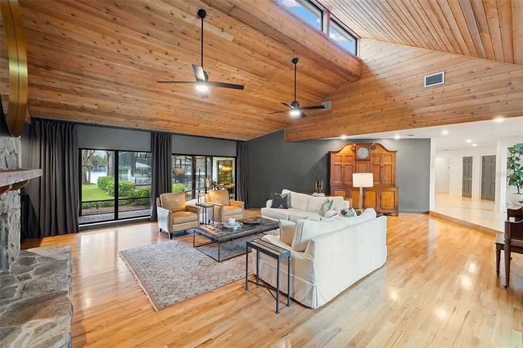 Fireplace, Interior, Living room, Recessed Lighting, Wooden Ceilings, Wood Texture Flooring