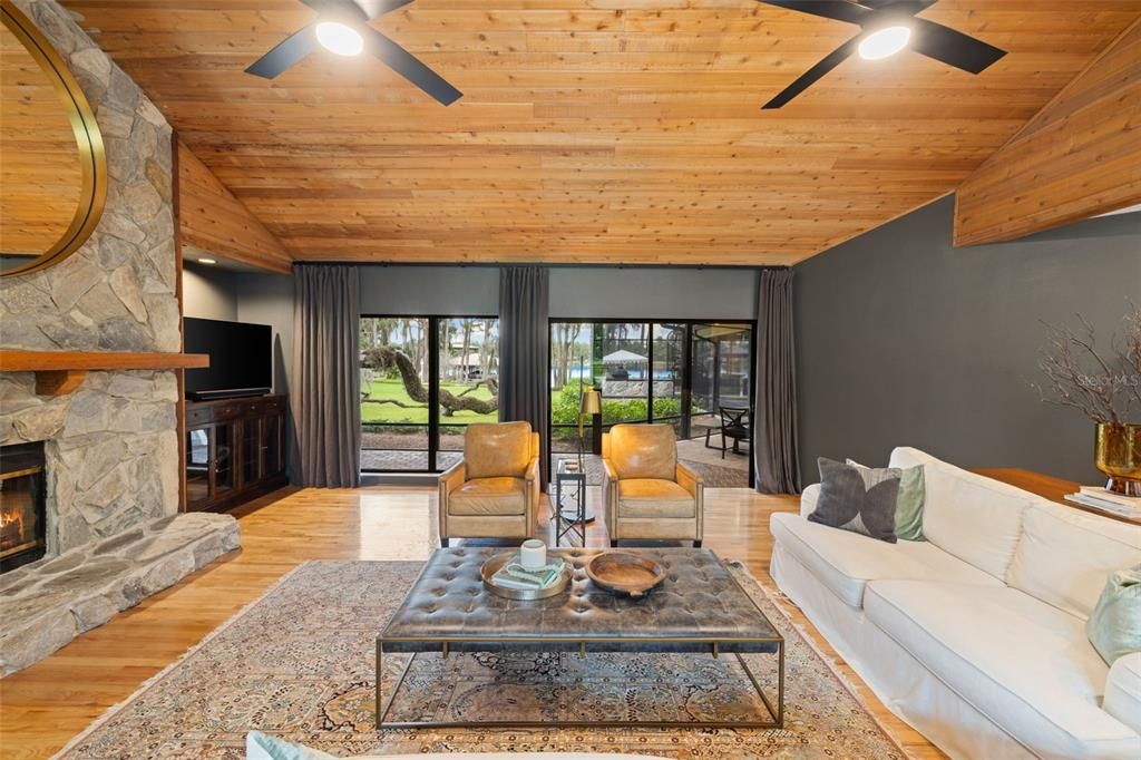 Fireplace, Interior, Living room, Stone Walls, Wooden Ceilings, Wood Texture Flooring