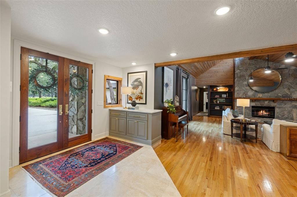 Fireplace, Interior, Living room, Recessed Lighting, Wooden Ceilings, Wood Texture Flooring