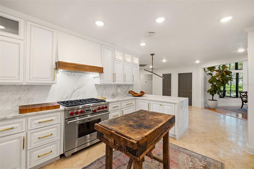 Interior, Kitchen, Marble Walls, Pendant Lights, Recessed Lighting, Stainless Steel Appliances