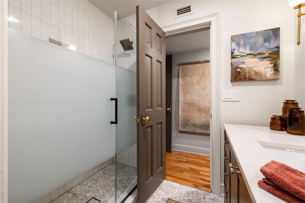 Bathroom, Glass Shower, Interior, Wood Texture Flooring