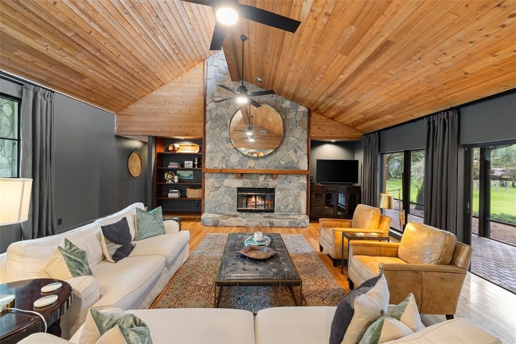 Fireplace, Interior, Living room, Stone Walls, Wooden Ceilings, Wood Texture Flooring
