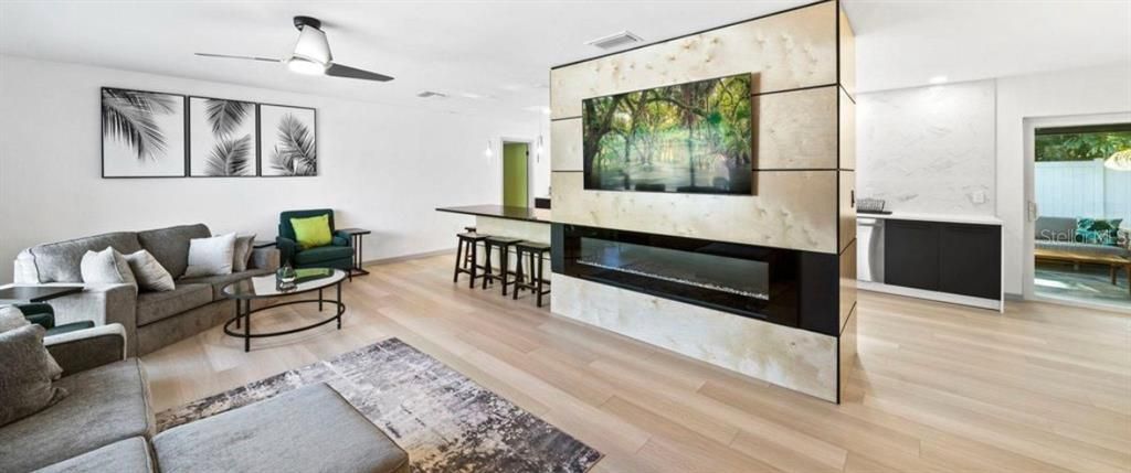 Fireplace, Interior, Living room, Recessed Lighting, Wood Texture Flooring