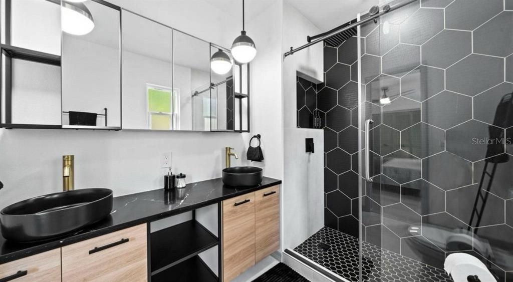 Bathroom, Dual Sink Vanities, Glass Shower, Interior, Pendant Lights