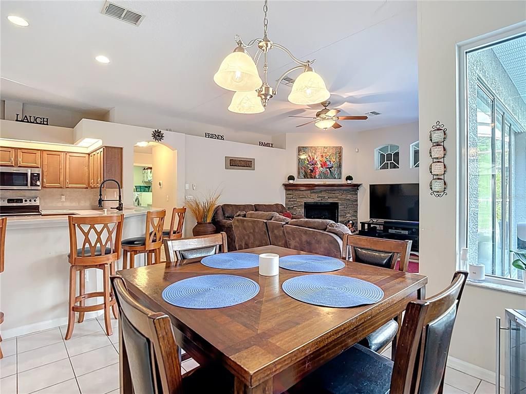 Dining room, Fireplace, Interior, Kitchen, Living room, Pendant Lights, Recessed Lighting