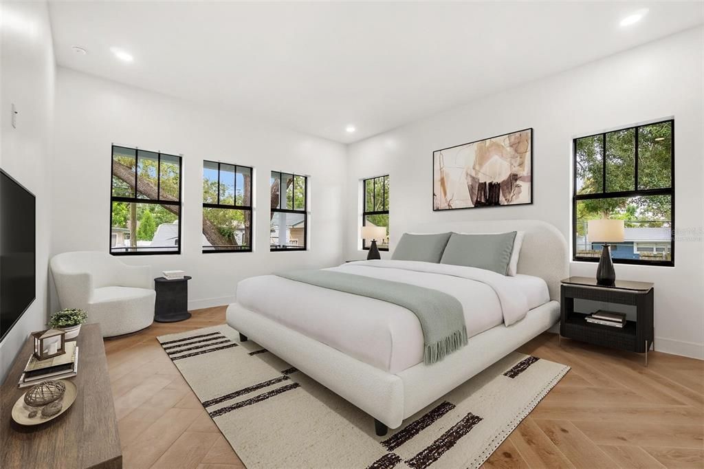 Bedroom, Interior, Recessed Lighting, Wood Texture Flooring