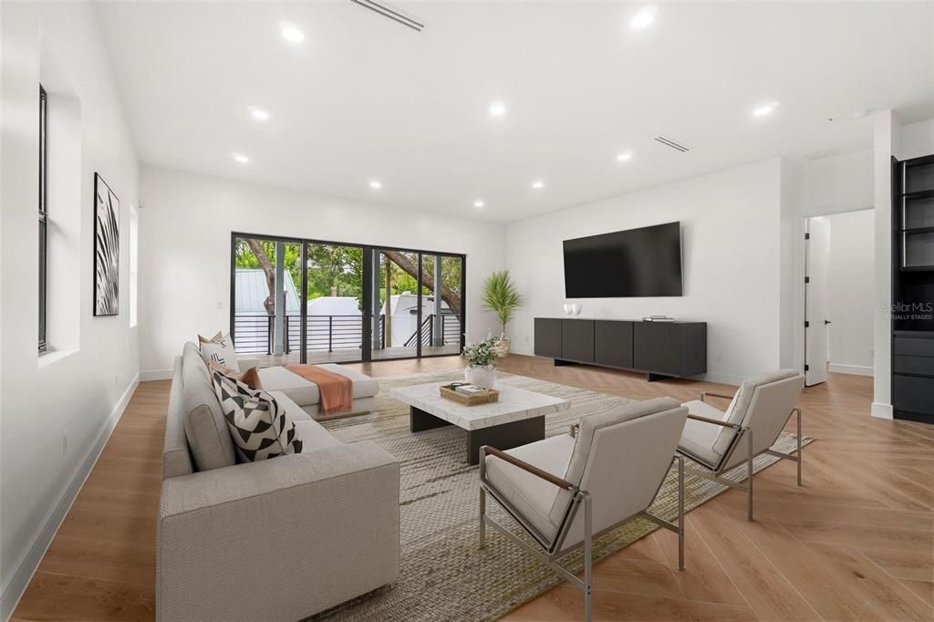 Interior, Living room, Recessed Lighting, Wood Texture Flooring