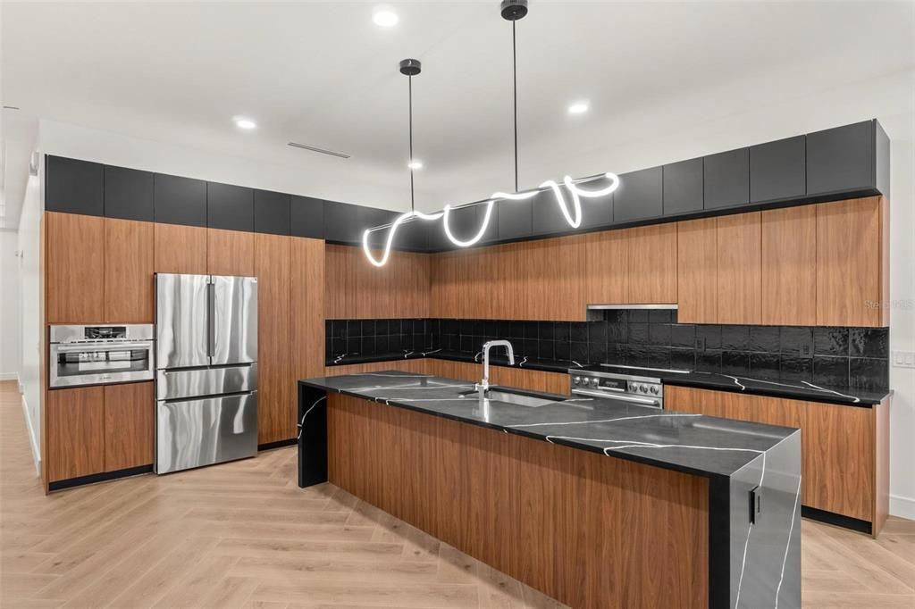 Interior, Kitchen, Pendant Lights, Recessed Lighting, Stainless Steel Appliances, Wood Texture Flooring