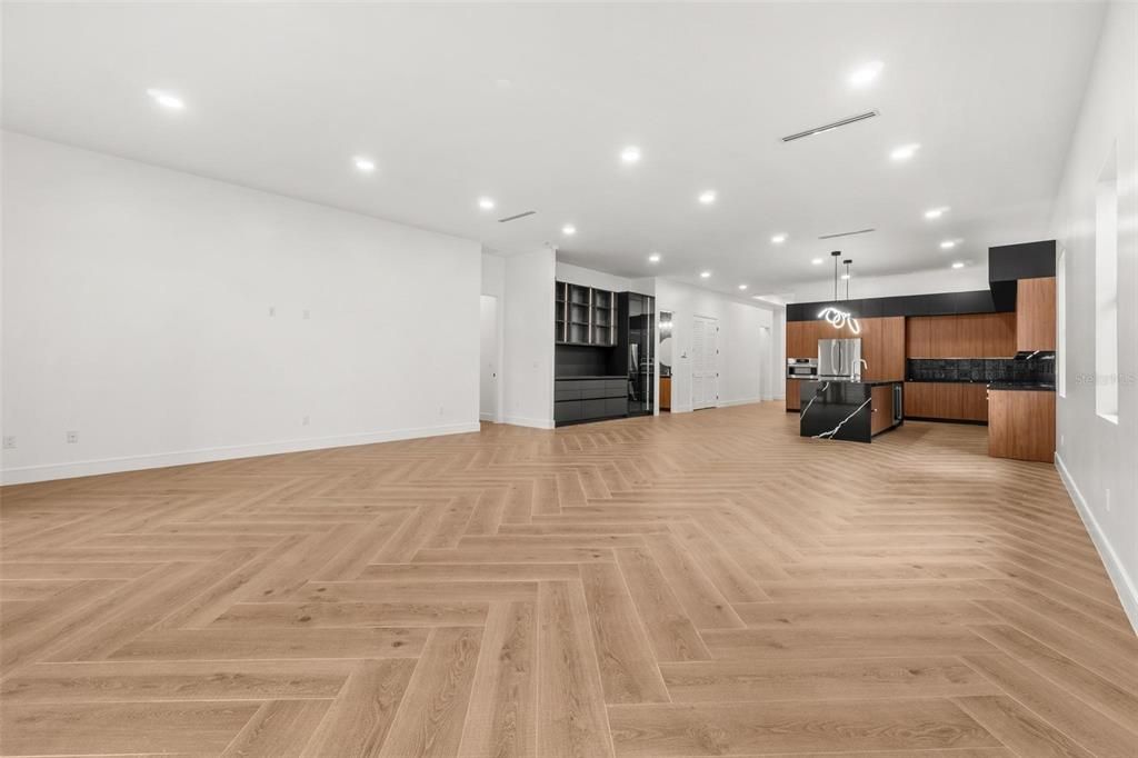 Empty room, Interior, Kitchen, Pendant Lights, Recessed Lighting, Wood Texture Flooring