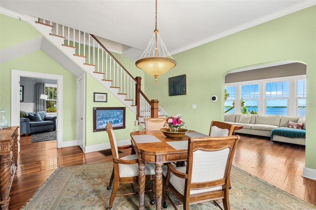 Dining room, Interior, Living room, Pendant Lights, Water, Wood Texture Flooring