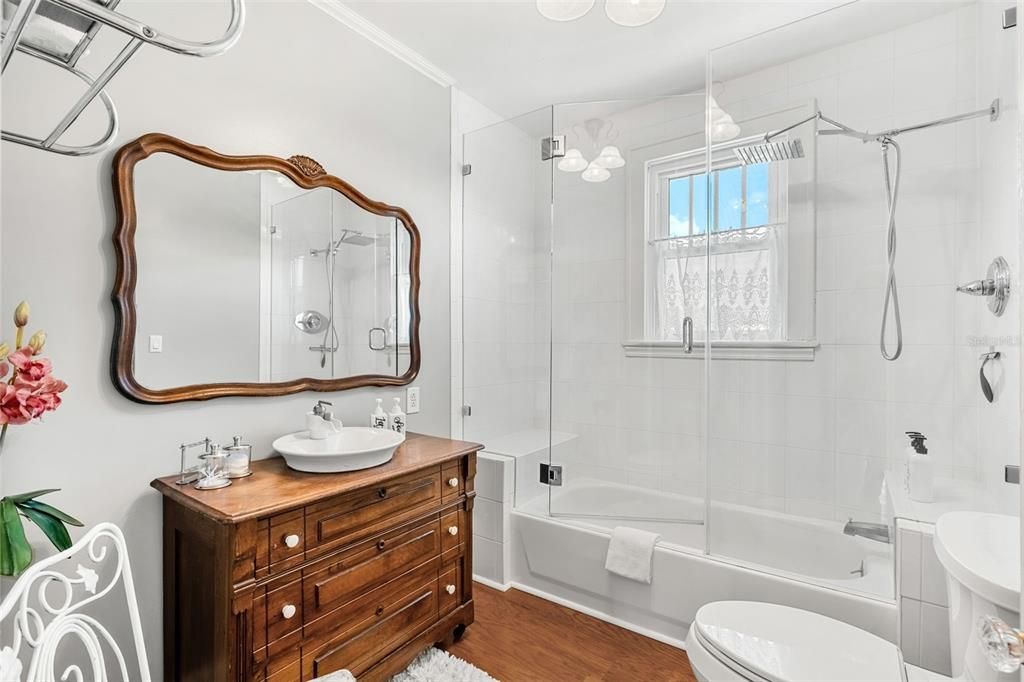 Bathroom, Glass Shower, Interior, Wood Texture Flooring