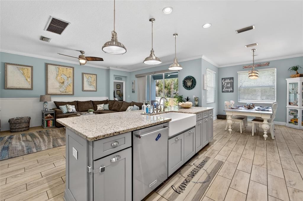 Dining room, Interior, Kitchen, Living room, Pendant Lights, Recessed Lighting, Wood Texture Flooring