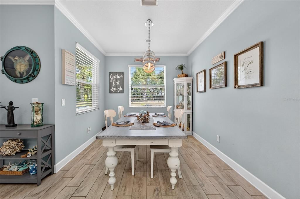 Dining room, Interior, Pendant Lights, Wood Texture Flooring