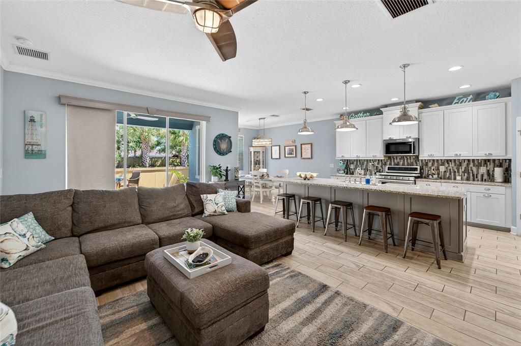 Dining room, Interior, Kitchen, Living room, Pendant Lights, Recessed Lighting, Wood Texture Flooring