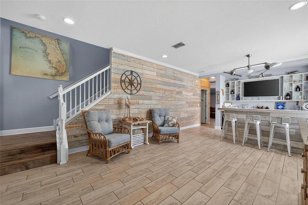 Interior, Recessed Lighting, Stone Walls, Wood Texture Flooring, Wooden Walls