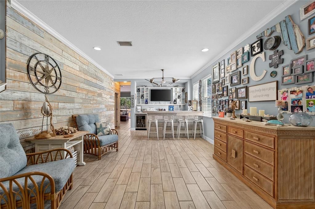 Interior, Living room, Recessed Lighting, Stone Walls, Wood Texture Flooring