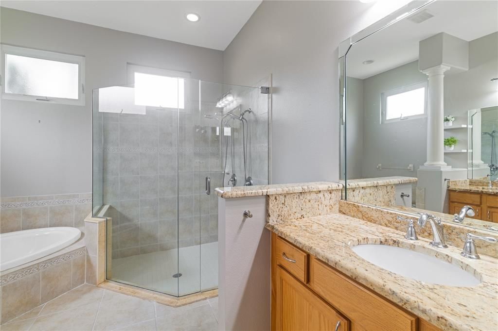 Bathroom, Dual Sink Vanities, Glass Shower, Interior, Recessed Lighting