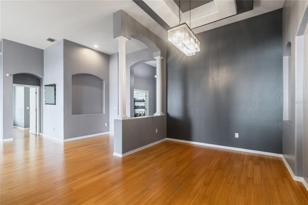Chandelier, Empty room, Interior, Pendant Lights, Recessed Lighting, Wood Texture Flooring