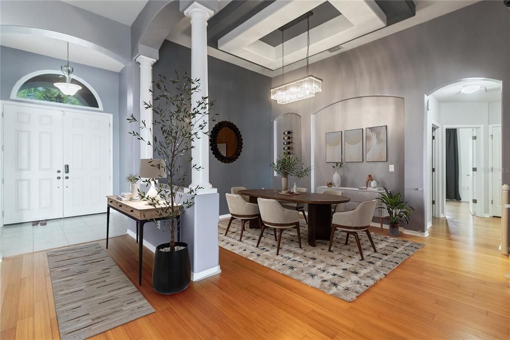Chandelier, Dining room, Interior, Pendant Lights, Wood Texture Flooring