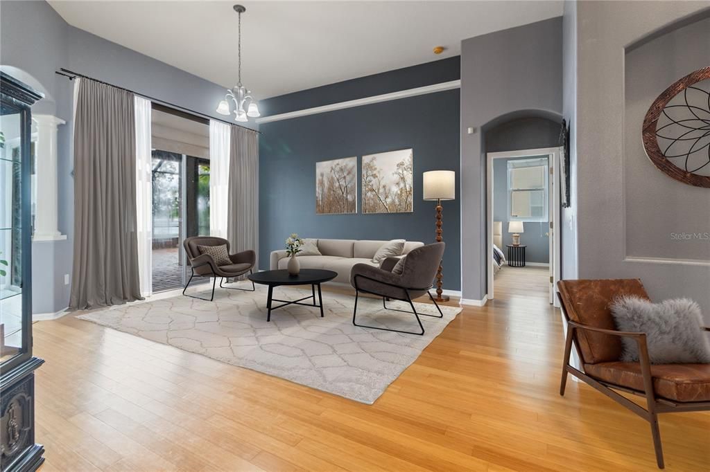 Interior, Living room, Pendant Lights, Wood Texture Flooring