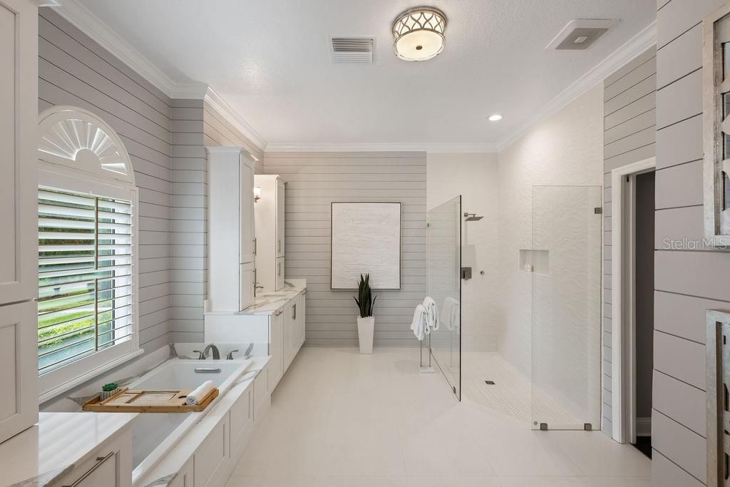 Bathroom, Dual Sink Vanities, Glass Shower, Interior, Recessed Lighting