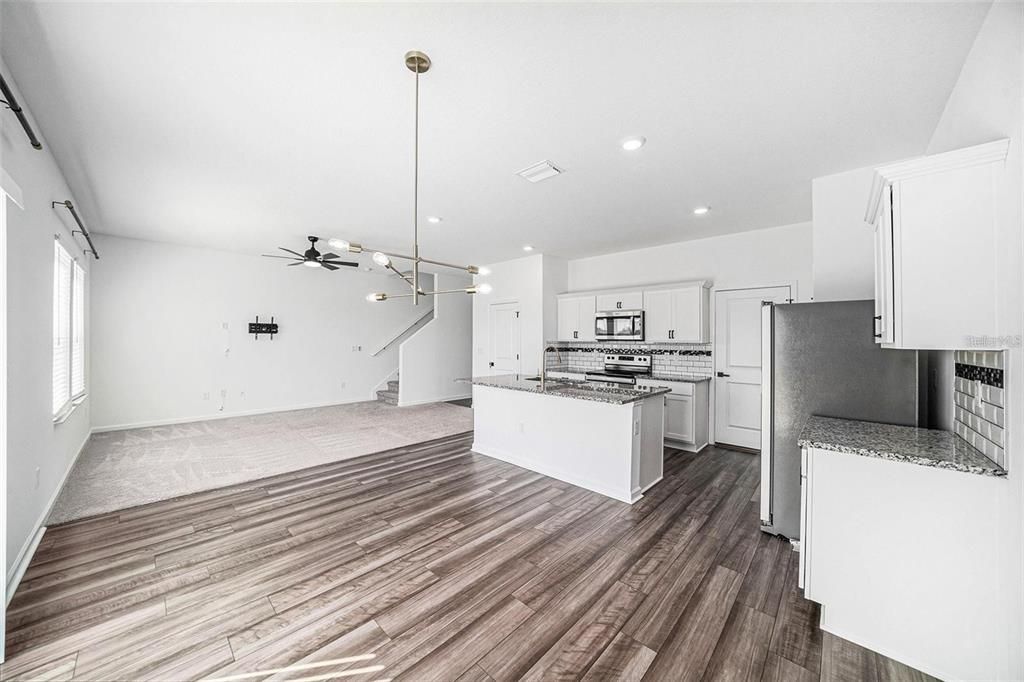 Empty room, Interior, Kitchen, Pendant Lights, Recessed Lighting, Wood Texture Flooring