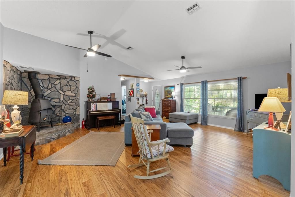 Fireplace, Interior, Living room, Piano, Stone Walls, Wood Texture Flooring