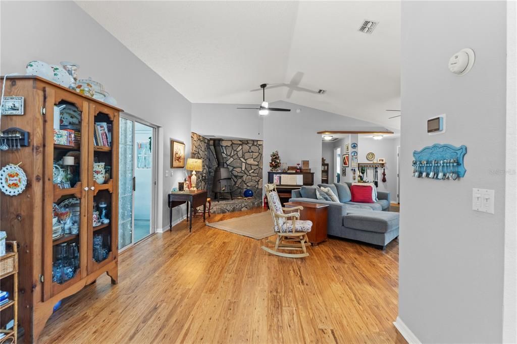 Fireplace, Interior, Living room, Stone Walls, Wood Texture Flooring