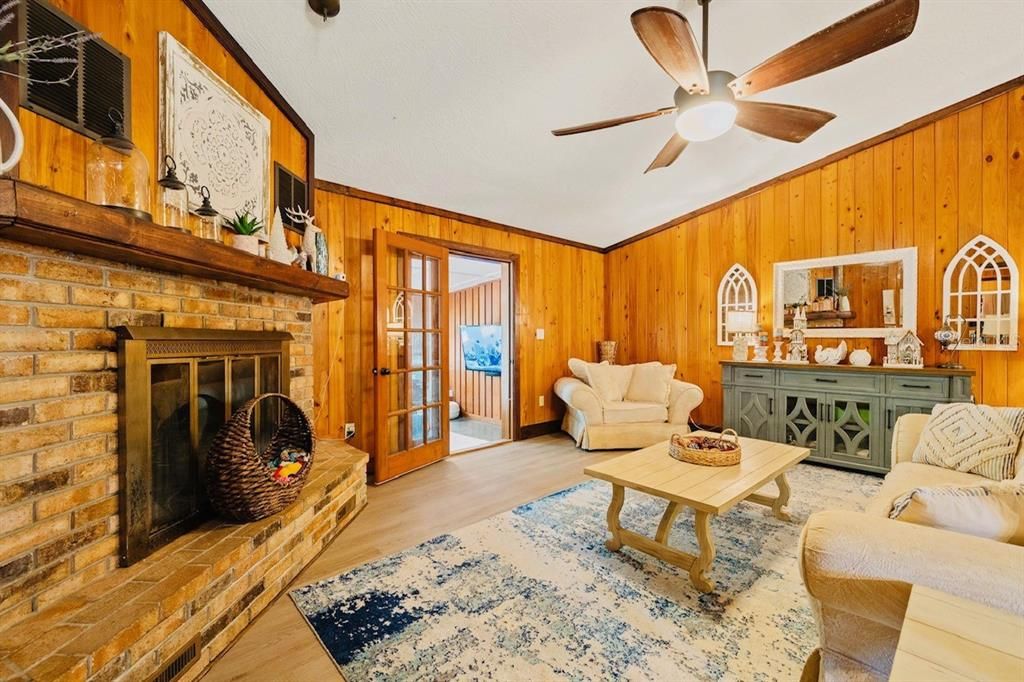 Fireplace, Interior, Living room, Stone Walls, Wood Texture Flooring, Wooden Walls