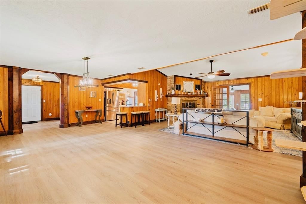 Fireplace, Interior, Living room, Pendant Lights, Wood Texture Flooring, Wooden Walls