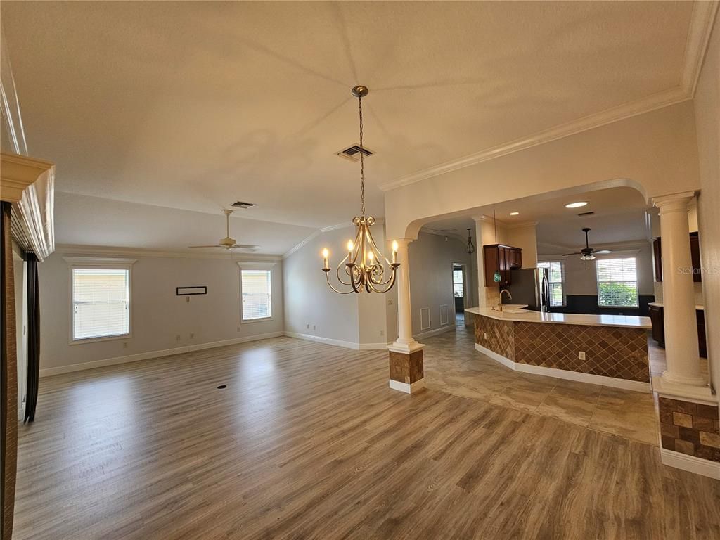 Chandelier, Empty room, Interior, Kitchen, Pendant Lights, Recessed Lighting, Wood Texture Flooring