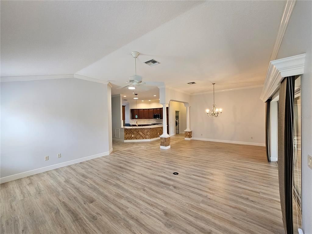 Chandelier, Empty room, Interior, Kitchen, Recessed Lighting, Wood Texture Flooring
