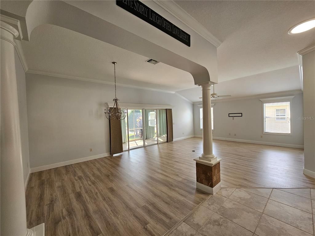 Chandelier, Empty room, Interior, Pendant Lights, Recessed Lighting, Wood Texture Flooring