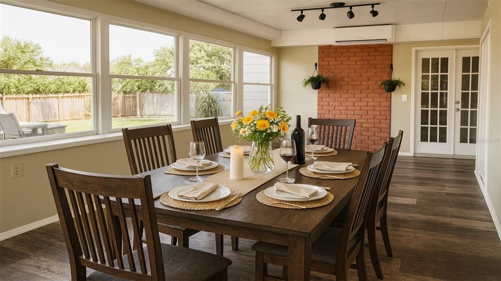 Dining room, Interior, Stone Walls, Wood Texture Flooring