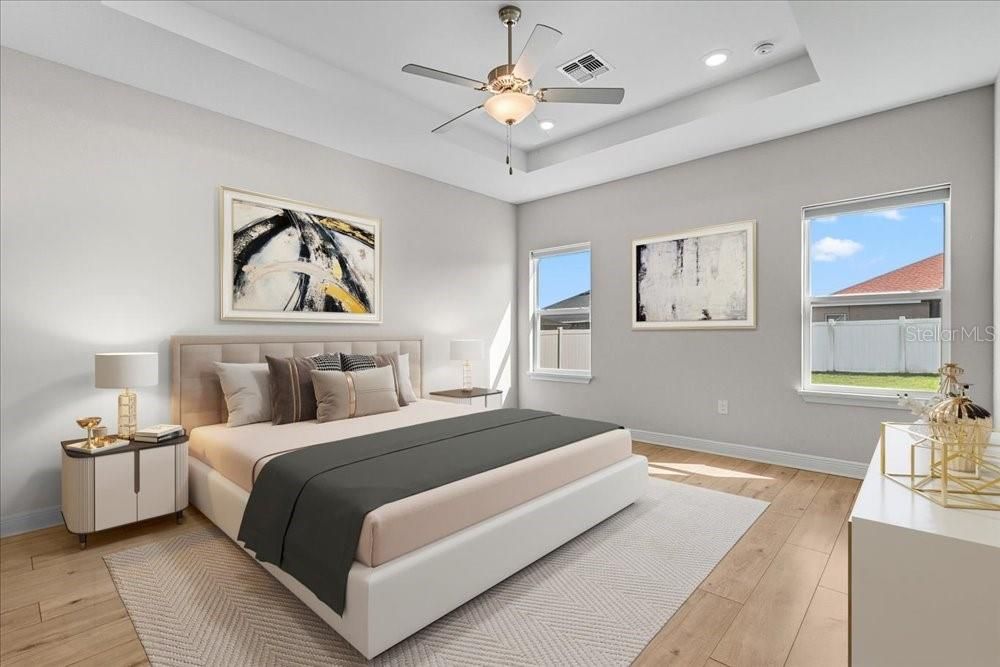 Bedroom, Interior, Recessed Lighting, Wood Texture Flooring