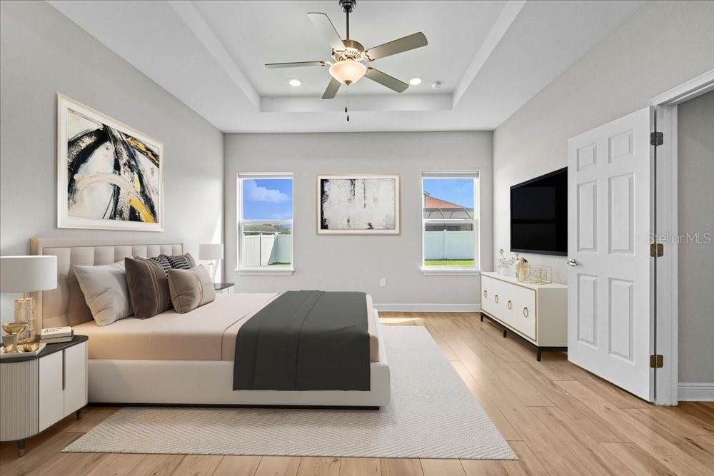 Bedroom, Interior, Recessed Lighting, Wood Texture Flooring