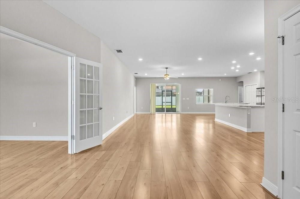 Empty room, Interior, Kitchen, Recessed Lighting, Wood Texture Flooring