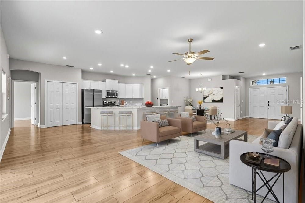 Dining room, Interior, Kitchen, Living room, Recessed Lighting, Stainless Steel Appliances, Wood Texture Flooring