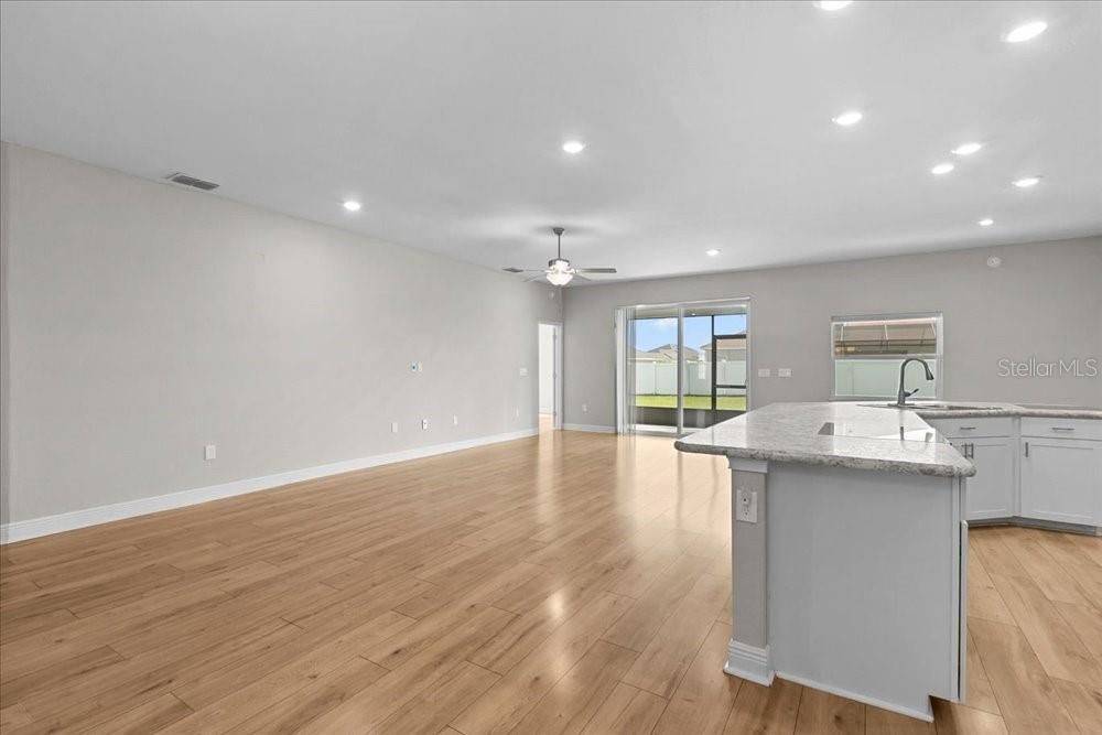 Empty room, Interior, Kitchen, Recessed Lighting, Wood Texture Flooring