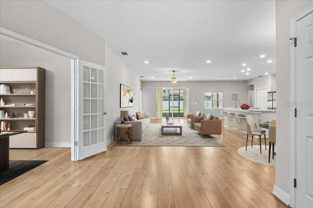Dining room, Interior, Living room, Recessed Lighting, Wood Texture Flooring