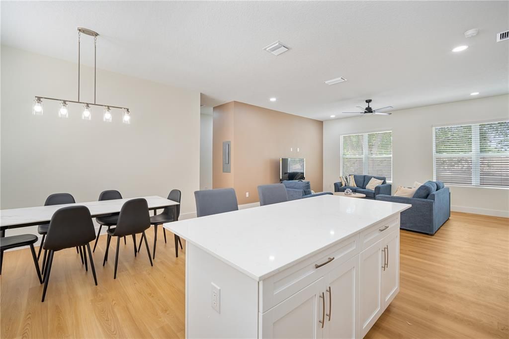Dining room, Interior, Living room, Pendant Lights, Recessed Lighting, Wood Texture Flooring