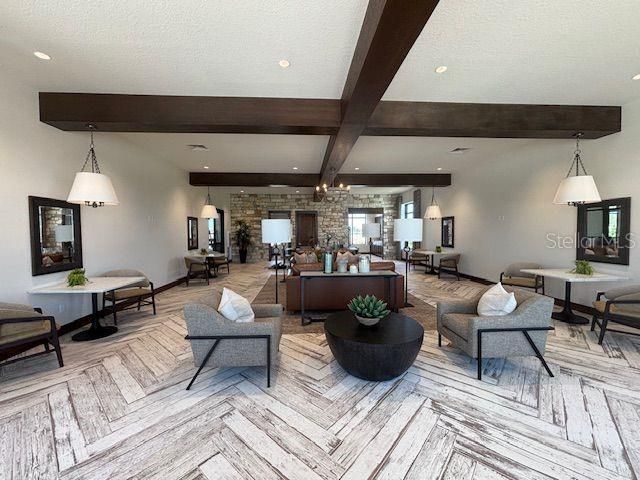 Interior, Living room, Pendant Lights, Recessed Lighting, Stone Walls, Wooden Beams, Wood Texture Flooring