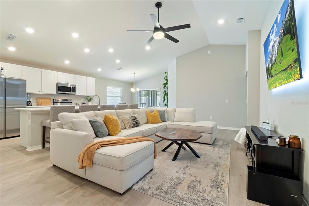 Interior, Kitchen, Living room, Pendant Lights, Recessed Lighting, Stainless Steel Appliances, Wood Texture Flooring