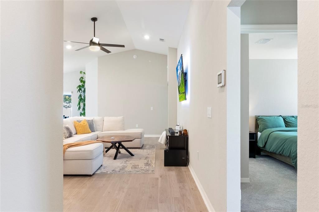 Bedroom, Interior, Living room, Recessed Lighting, Wood Texture Flooring