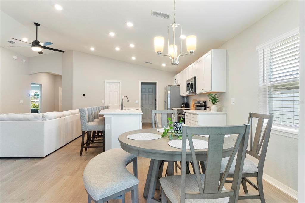 Dining room, Interior, Kitchen, Living room, Pendant Lights, Recessed Lighting, Wood Texture Flooring